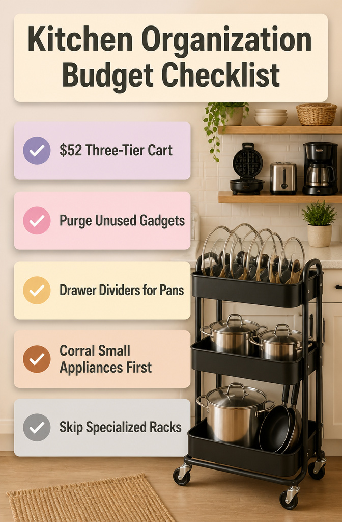 A checklist showing the budget for kitchen organization items.