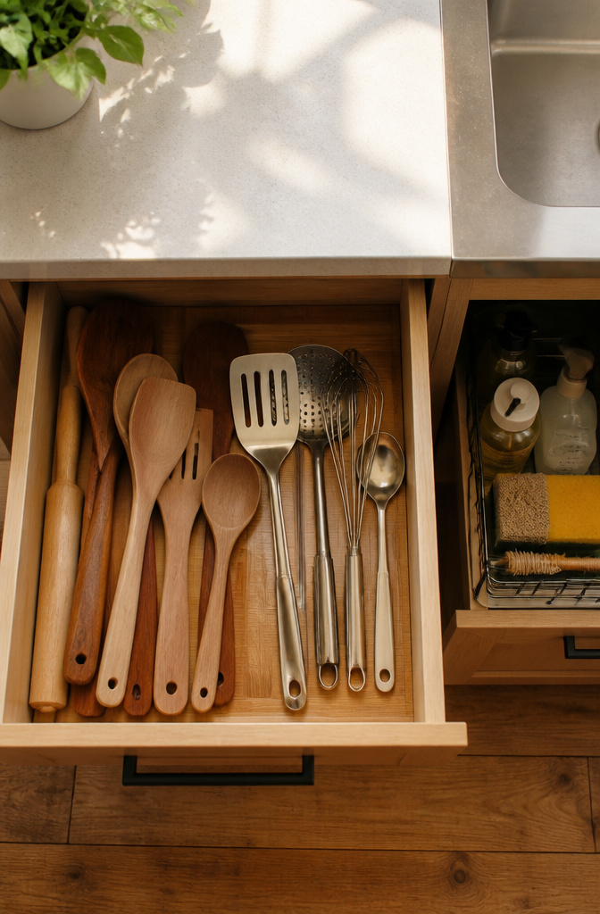 A drawer with utensils and a cabinet under the sink with cleaning supplies.