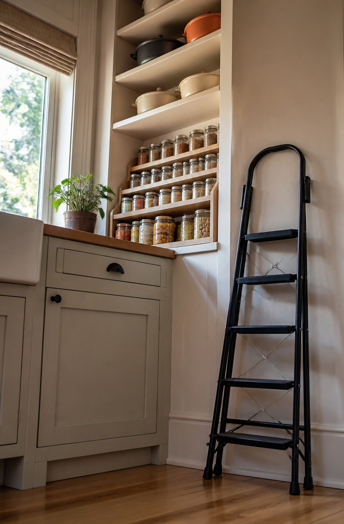 A pantry shelf with risers holding various canned goods.