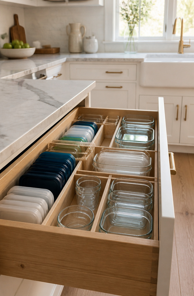 A kitchen drawer with wooden dividers for food storage containers.