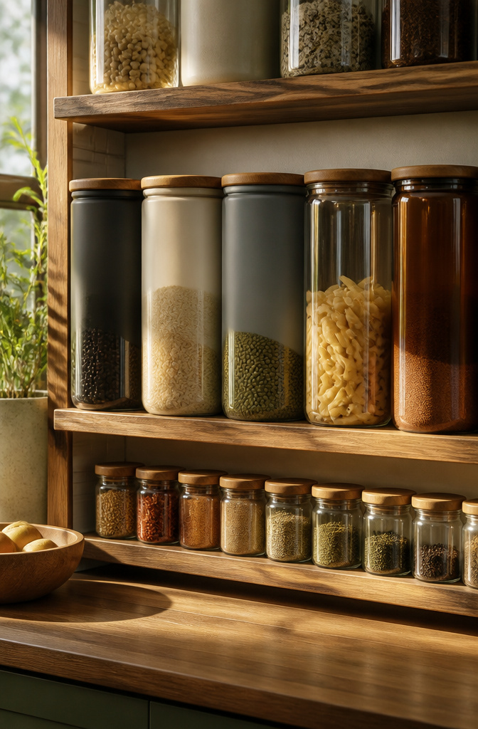 A label maker with labeled containers on a countertop.