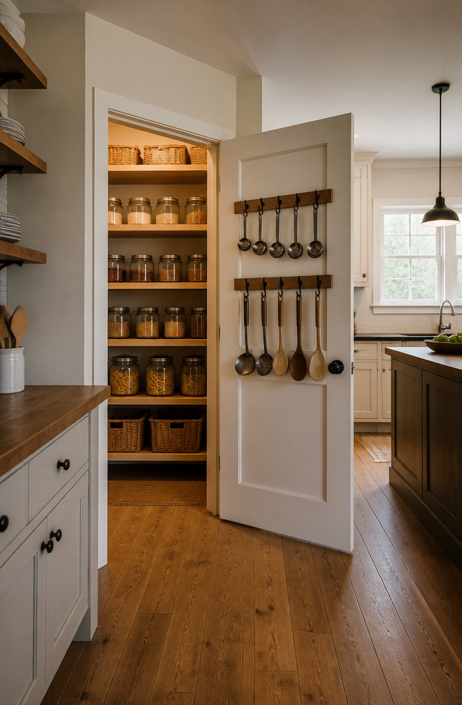 A pantry door with hooks holding pans and utensils.