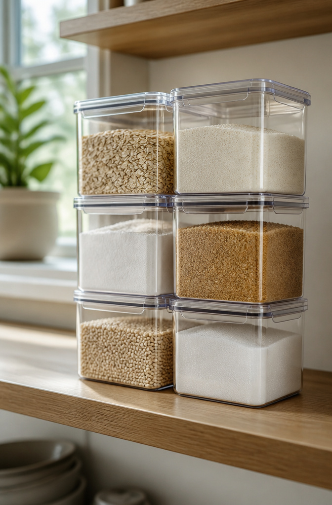 Uniform containers filled with pasta, flour, and sugar on a shelf.