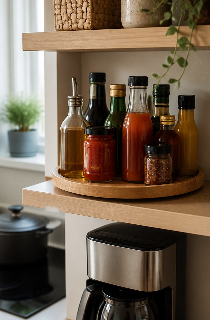 A bamboo turntable holding various sauces and condiments.