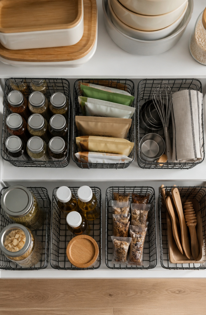 Baskets on a shelf containing various small kitchen items.