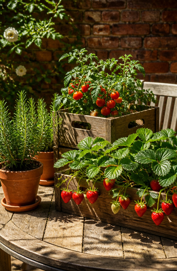 Patio table with various full sun plants in rustic containers.