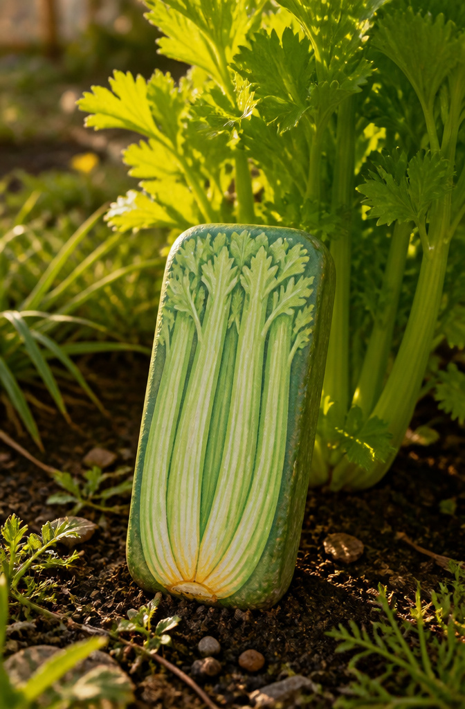 A flat stone painted in green and white to resemble celery stalks.