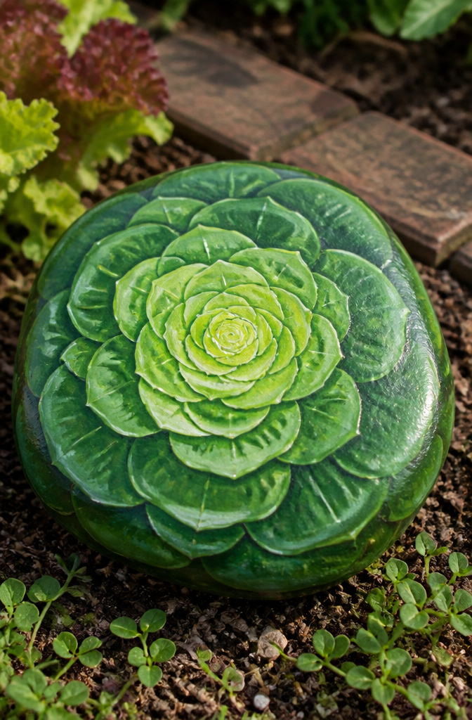 A flat stone painted in various shades of green to resemble lettuce.
