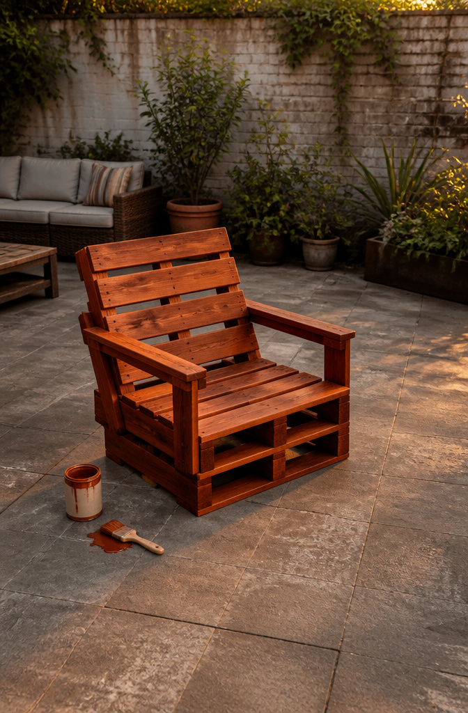 Pallet chair being painted for weather protection.