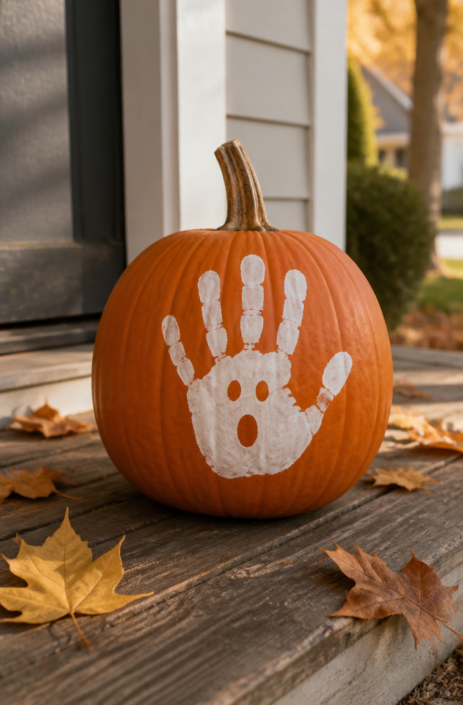 Handprint pumpkin with a white ghost design on an orange pumpkin.