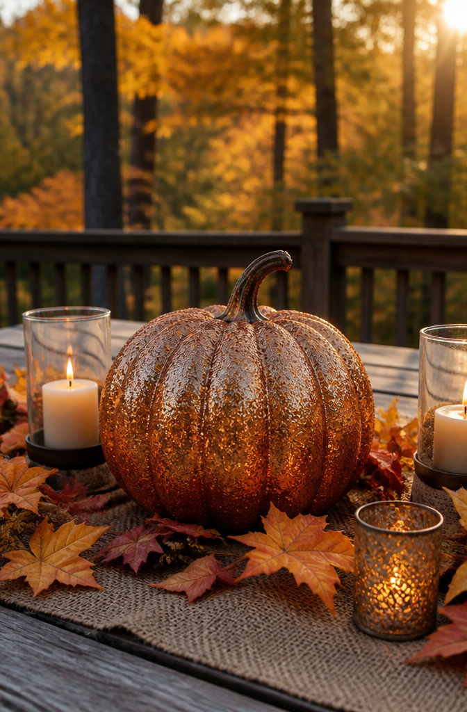 Pumpkin covered in fine glitter placed on a table.