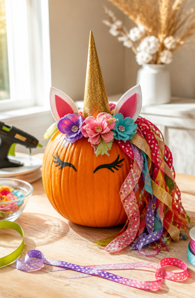 Pumpkin styled as a unicorn with a horn and ribbon mane.
