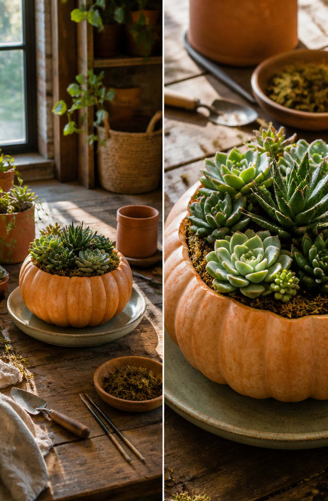 Pumpkin filled with soil and small succulent plants.