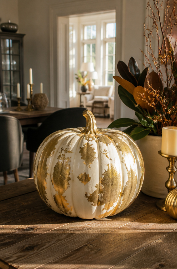 Pumpkin adorned with gold leaf patches on its surface.