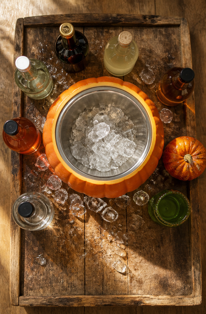 Pumpkin cut to hold a mixing bowl for beverages.
