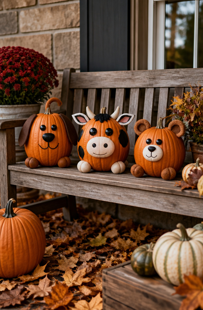 Pumpkins crafted into the shapes of animals with added features.