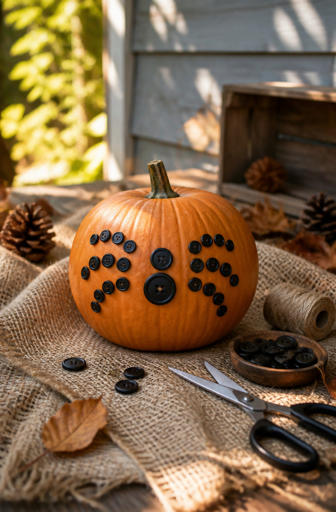 Pumpkin decorated with black buttons to resemble a spider.