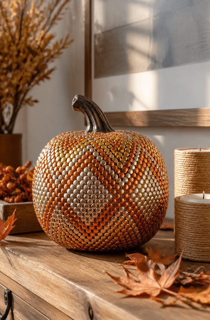 Pumpkin covered in colored thumbtacks arranged in a pattern.