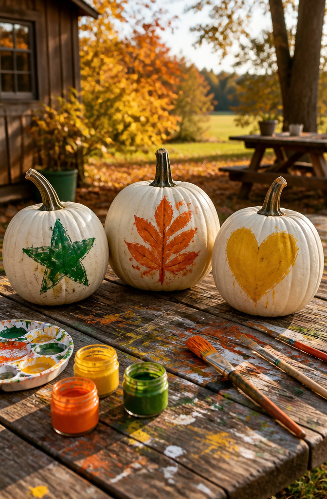 Three pumpkins with stencil designs made from finger paint.