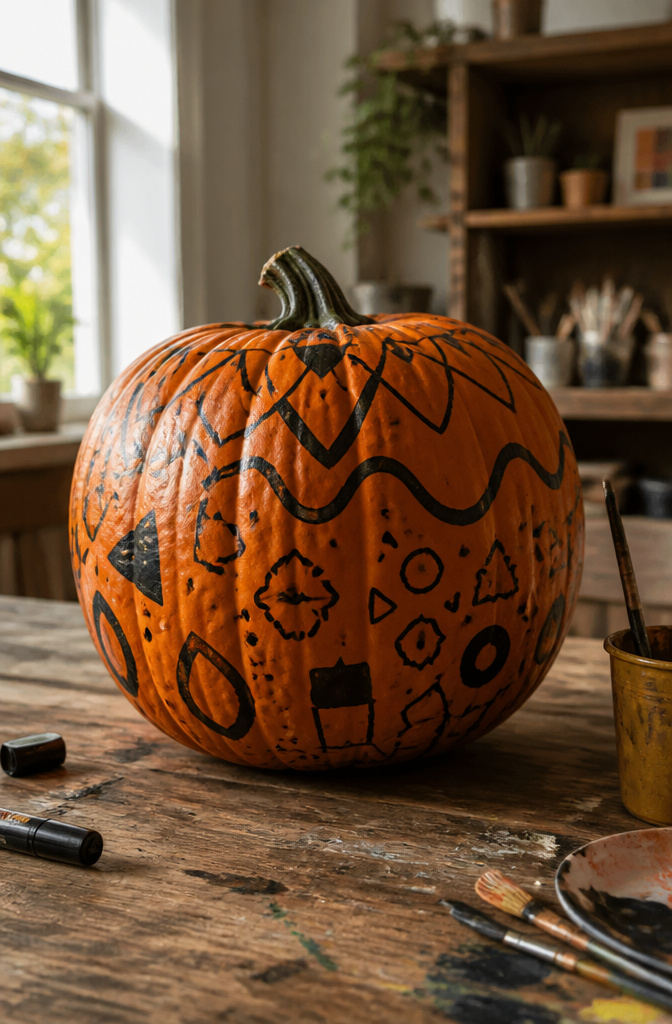 Pumpkin decorated with various doodles drawn in black marker.