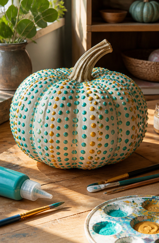 Pumpkin covered in puffy paint dots in teal and gold colors.