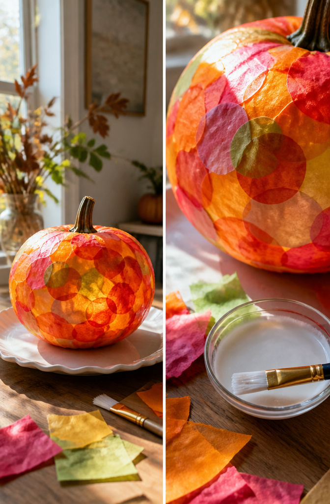 Pumpkin decorated with colorful tissue paper using Mod Podge.