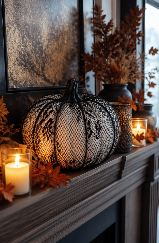 Pumpkin covered in black fishnet pantyhose on a mantel.
