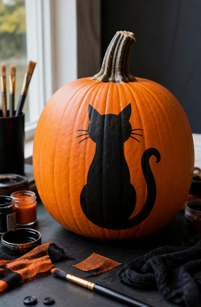 Pumpkin with a black cat silhouette painted on its surface.