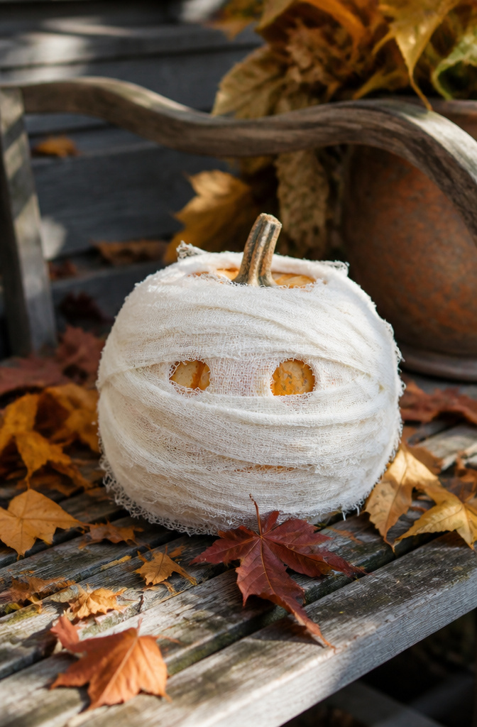 Pumpkin wrapped in white gauze with googly eyes.