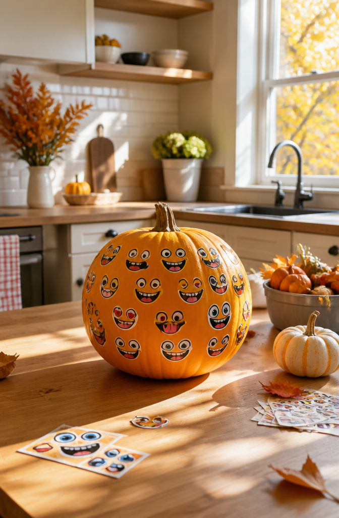 Pumpkin decorated with various colorful sticker faces.