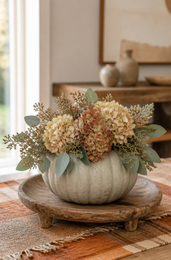 Pumpkin decorated with dried hydrangeas and eucalyptus.