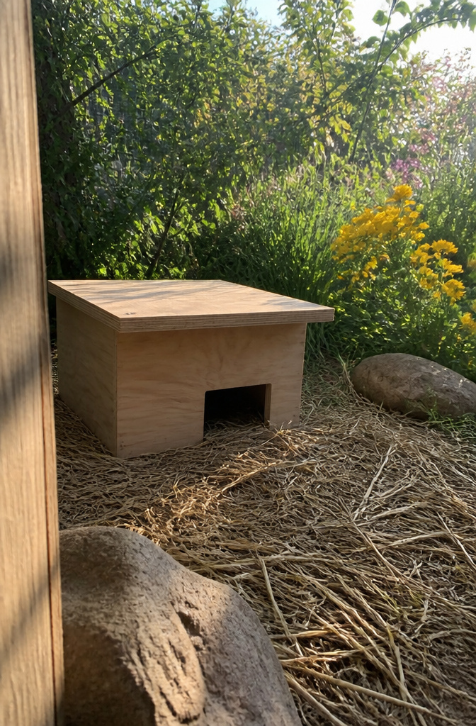 A sturdy hide box designed for rabbits in an outdoor setting.