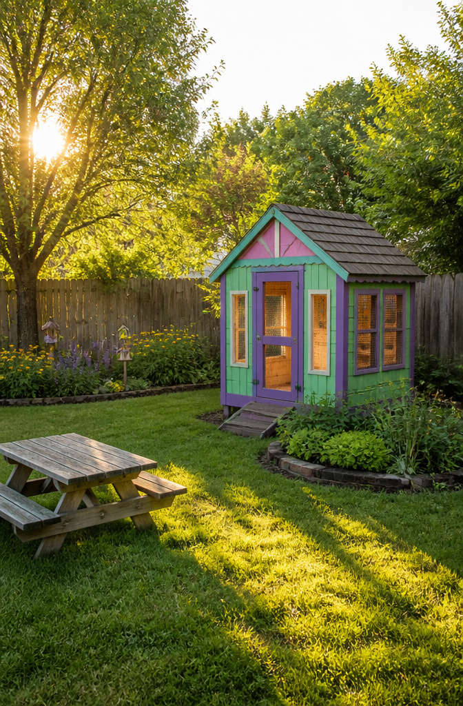 A converted children's playhouse modified for rabbit housing.