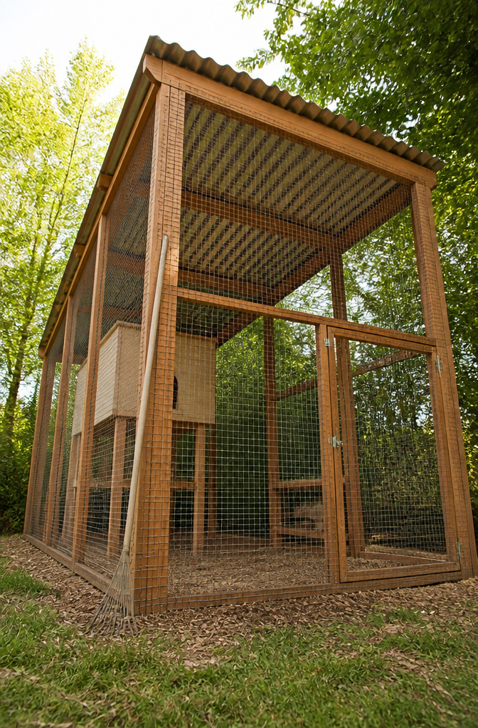 A walk-in aviary designed for rabbits with a solid roof.