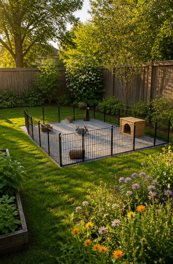 Modular wire panels forming an exercise pen for rabbits.
