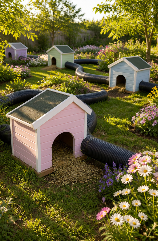 Multiple standard hutches connected by tunnels for rabbits.