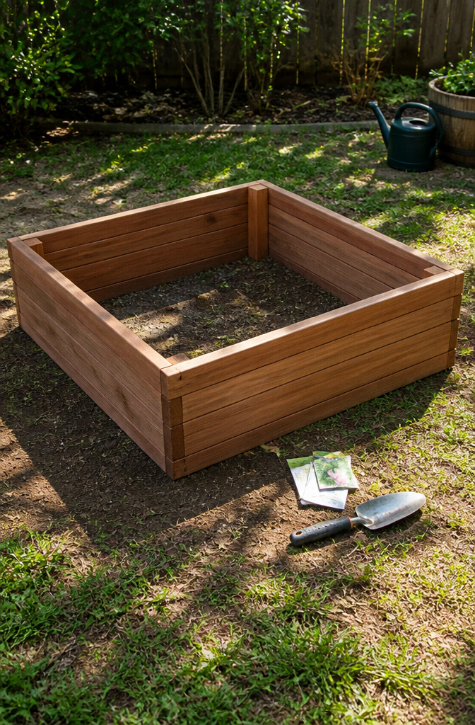 Cedar raised garden bed surrounded by grass and garden tools.