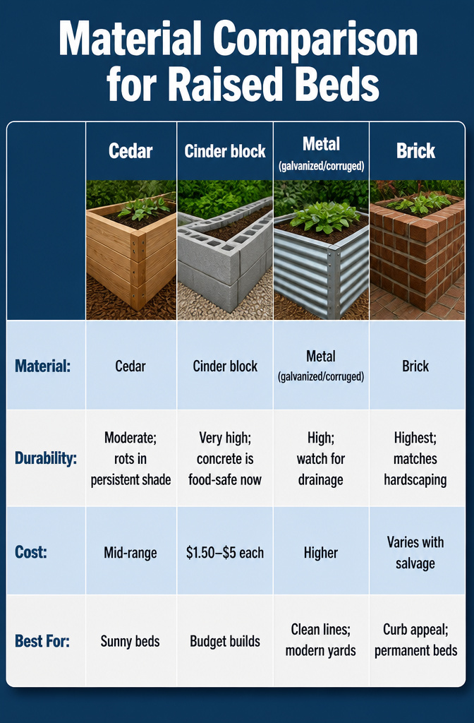 Table comparing durability and cost of raised bed materials.