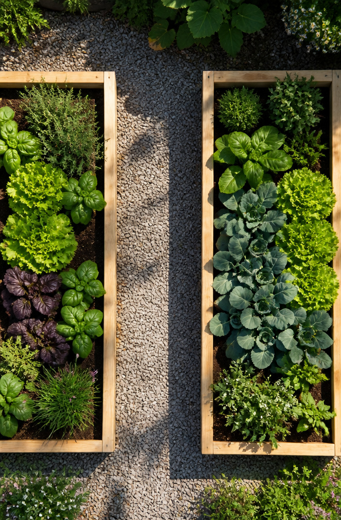 Garden beds arranged with adequate spacing for access.