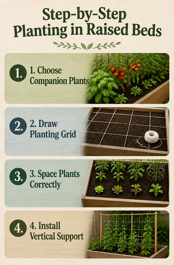 Illustration showing companion planting in a raised garden bed.