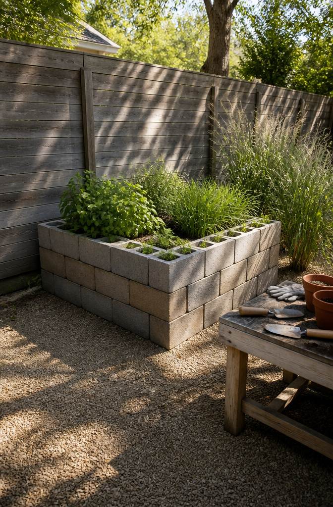 Stacked cinder blocks forming a raised garden bed.
