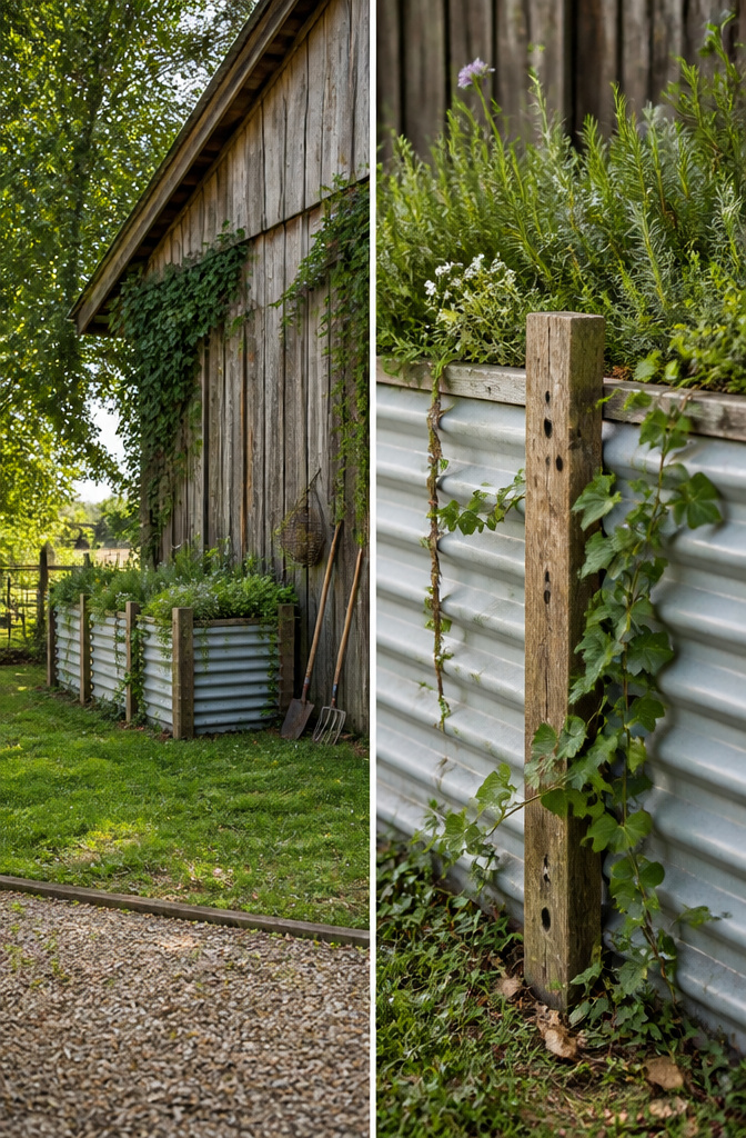 Corrugated metal panels forming a raised garden bed.