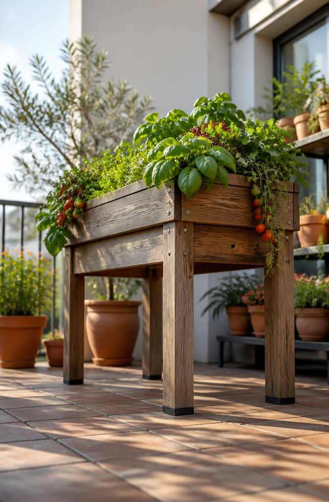 Raised garden bed with legs positioned at waist height.