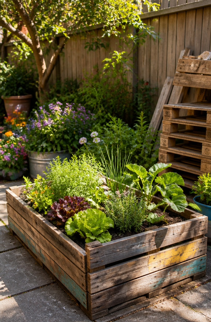 Raised garden bed constructed from pallet wood with blooming plants.