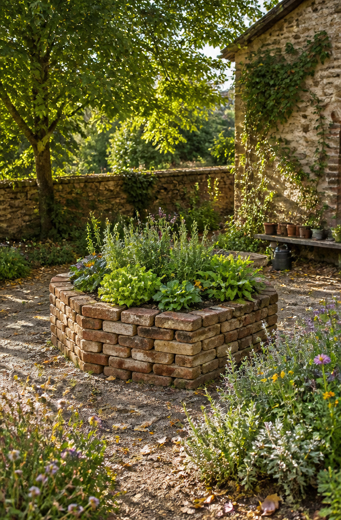 Raised garden bed made of stacked bricks.
