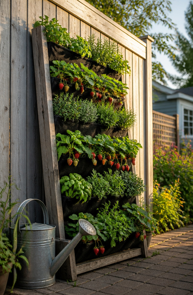 Vertical garden bed with multiple pockets for planting.