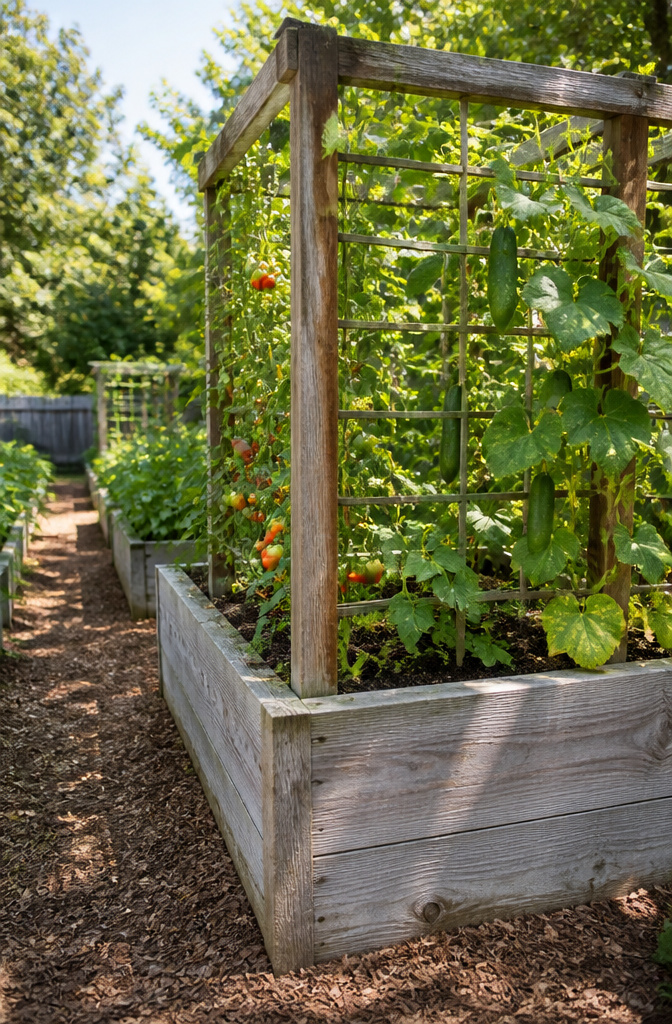Raised garden bed with a 6-8 foot trellis for climbing plants.