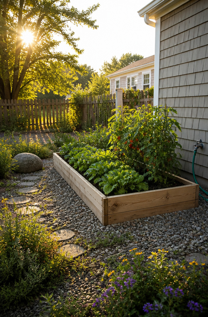 A bright area in a backyard suitable for growing vegetables.