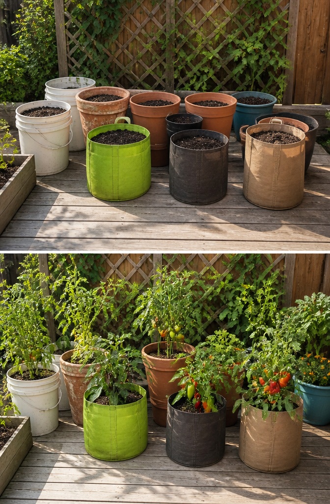 Five-gallon buckets used as containers for plants in a garden.