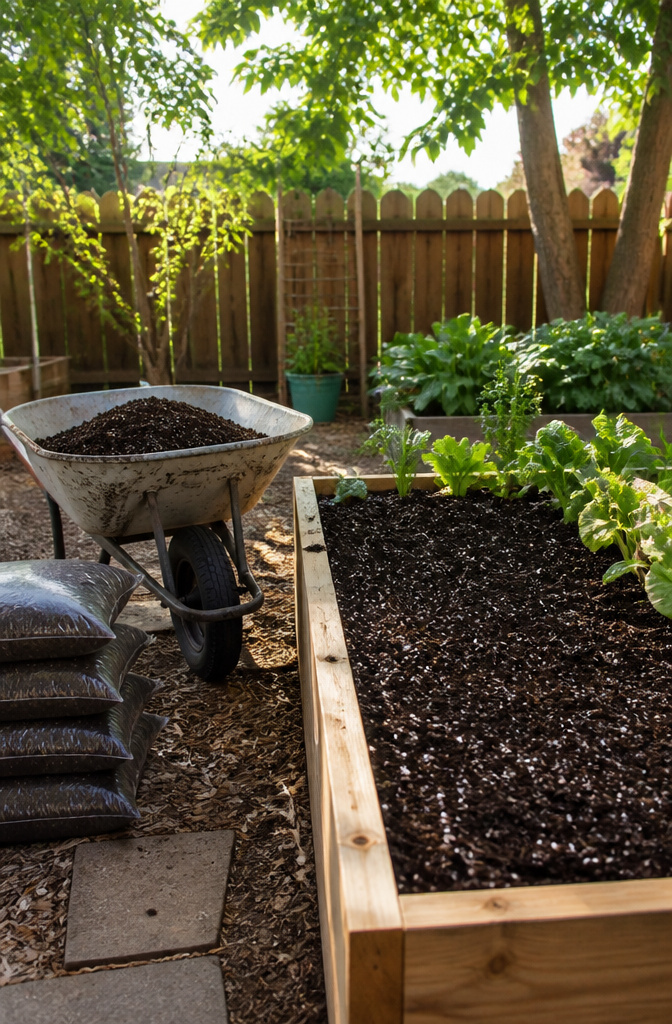 A wheelbarrow next to a raised bed filled with dark soil and compost.